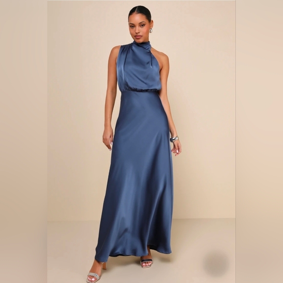 Lulus Dresses & Skirts - Lulus Dress Womens Small Slate Blue Distinctive Charm Satin Asymmetrical Maxi